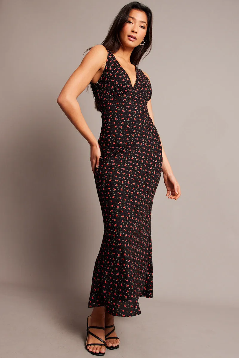 Black Ditsy Maxi Dress V-Neck Sleeveless sold by Ally Fashion