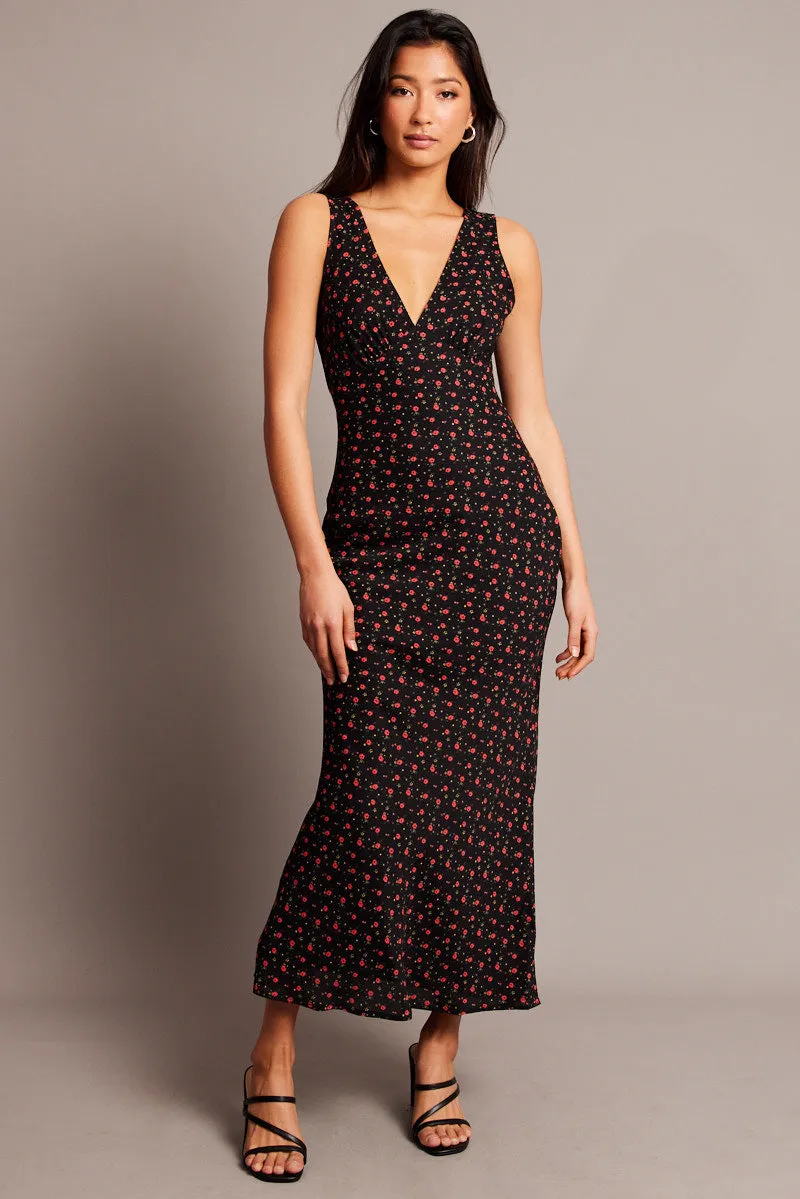 Black Ditsy Maxi Dress V-Neck Sleeveless sold by Ally Fashion product image thumbnail 3