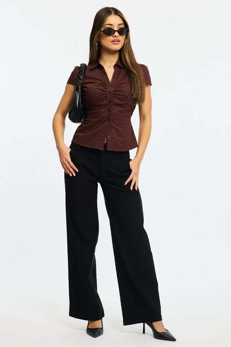 Brown Button Up Shirt Short Sleeve Collared Tie Back sold by Ally Fashion product image thumbnail 2