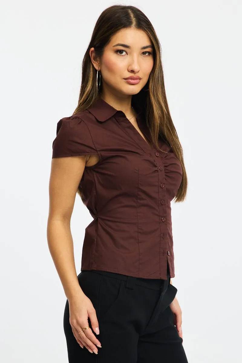 Brown Button Up Shirt Short Sleeve Collared Tie Back sold by Ally Fashion product image thumbnail 3
