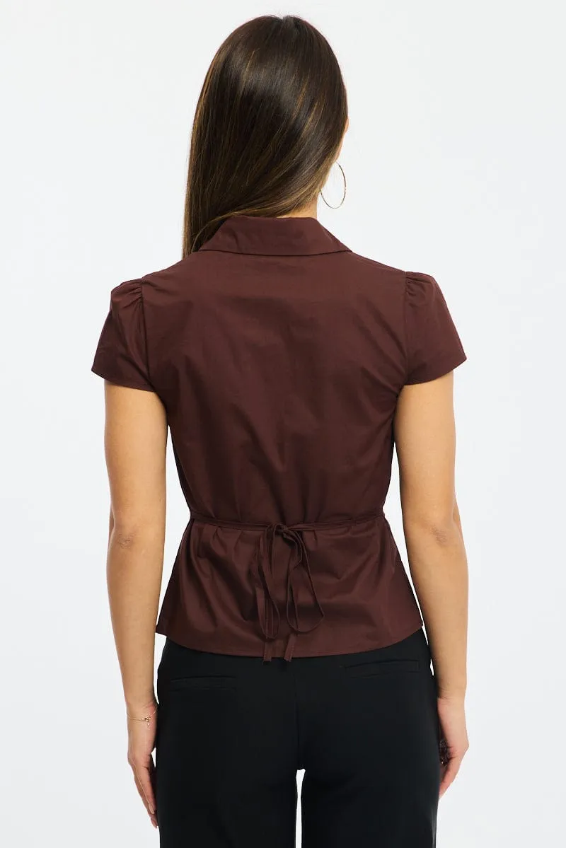 Brown Button Up Shirt Short Sleeve Collared Tie Back sold by Ally Fashion product image thumbnail 4