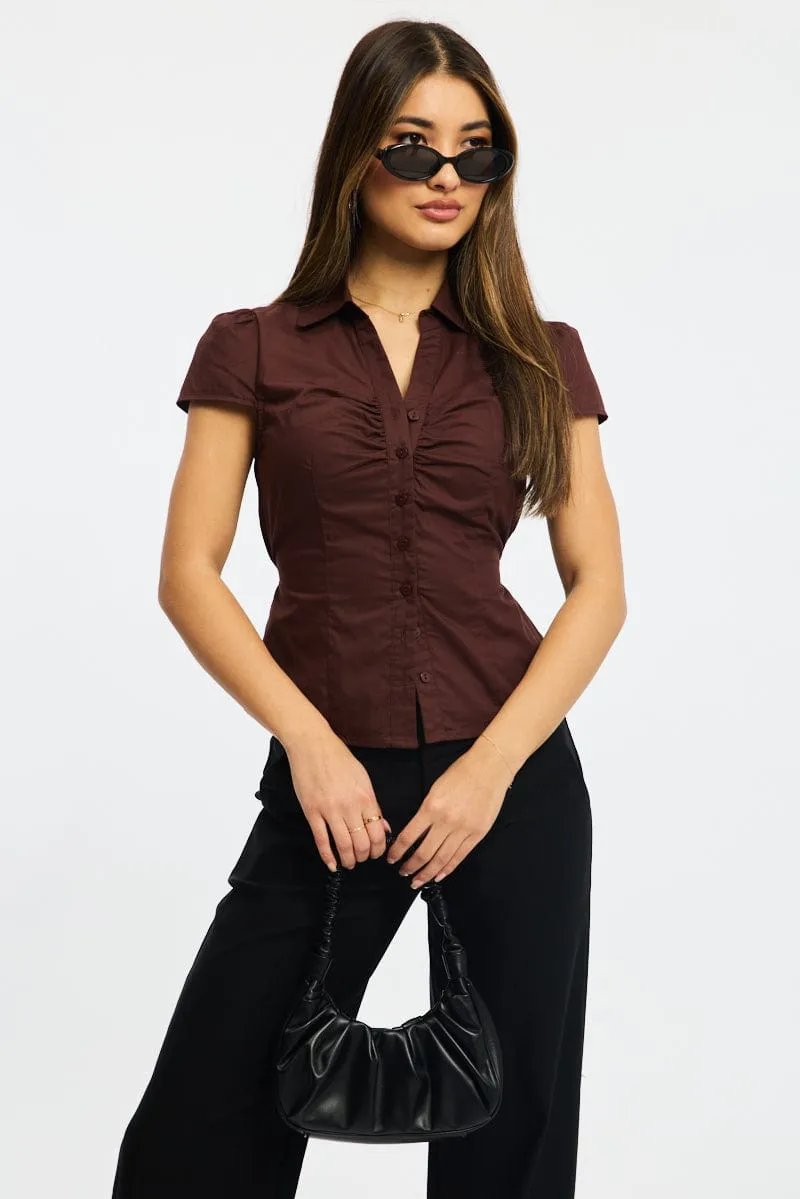 Brown Button Up Shirt Short Sleeve Collared Tie Back sold by Ally Fashion