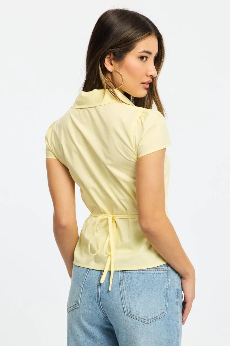 Yellow Button Up Shirt Short Sleeve Collared Tie Back sold by Ally Fashion product image thumbnail 4