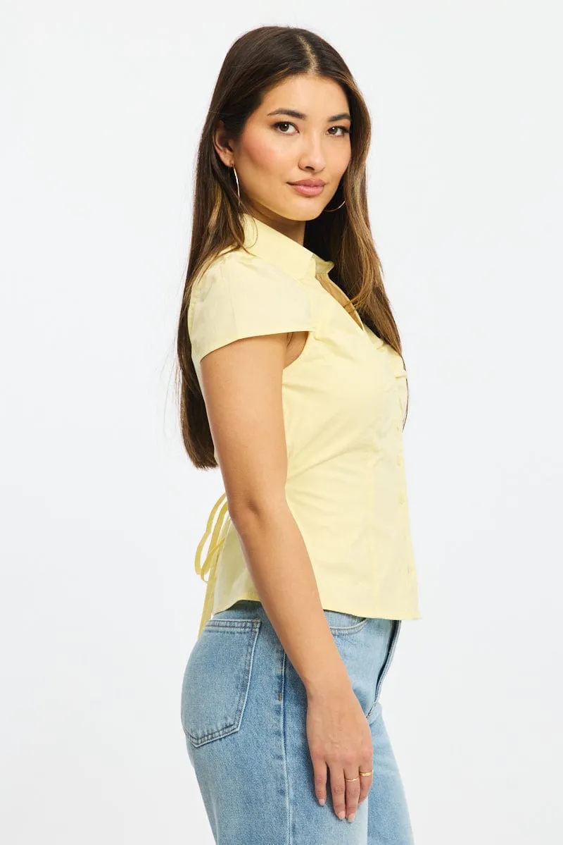 Yellow Button Up Shirt Short Sleeve Collared Tie Back sold by Ally Fashion product image thumbnail 3