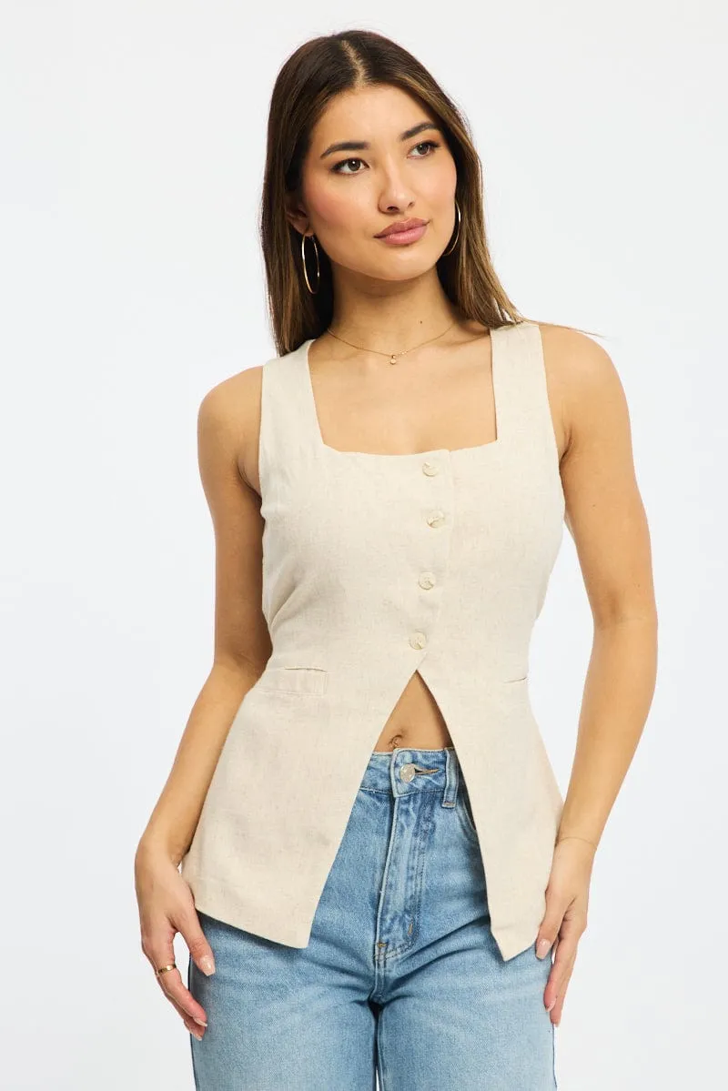 Beige Vest Square Neck Button Down sold by Ally Fashion