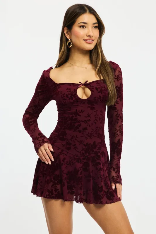 Red Fit And Flare Dress Long Sleeve Burn Out sold by Ally Fashion