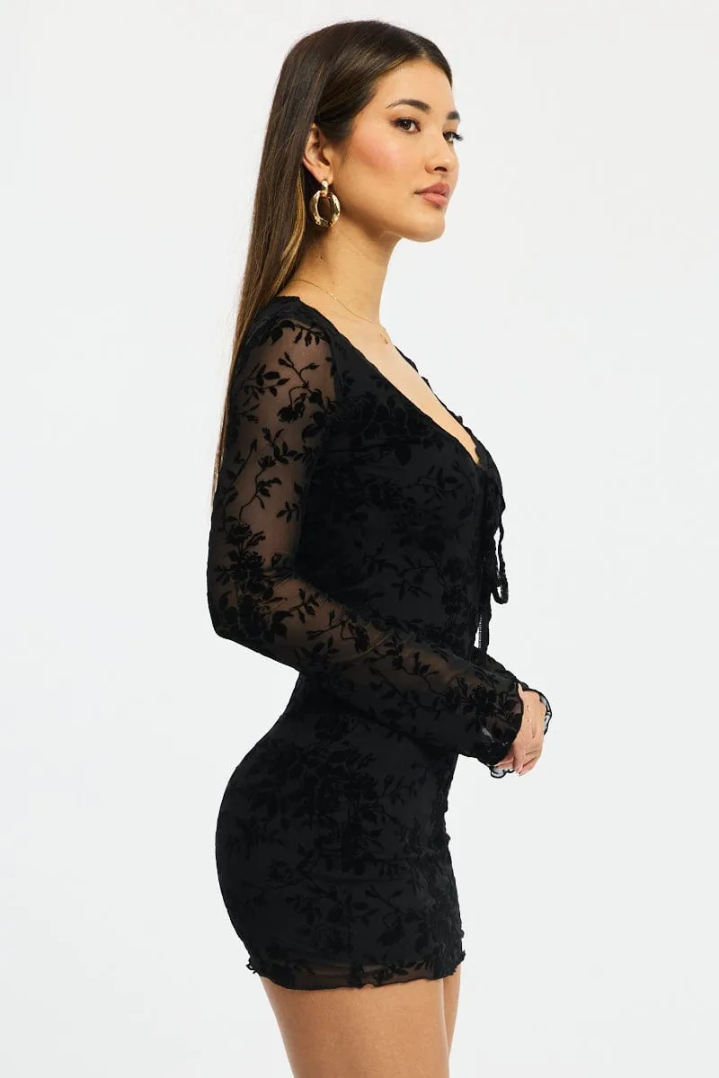 Black Bodycon Dress Mini Long Sleeve Burnout sold by Ally Fashion product image thumbnail 3