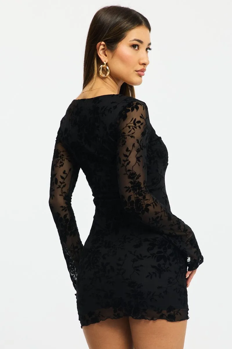 Black Bodycon Dress Mini Long Sleeve Burnout sold by Ally Fashion product image thumbnail 4