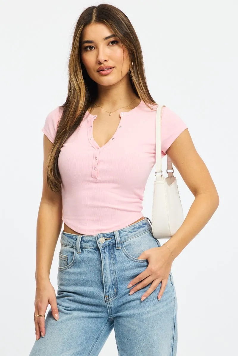 Pink T-shirt Short Sleeve Henley Neck Rib sold by Ally Fashion