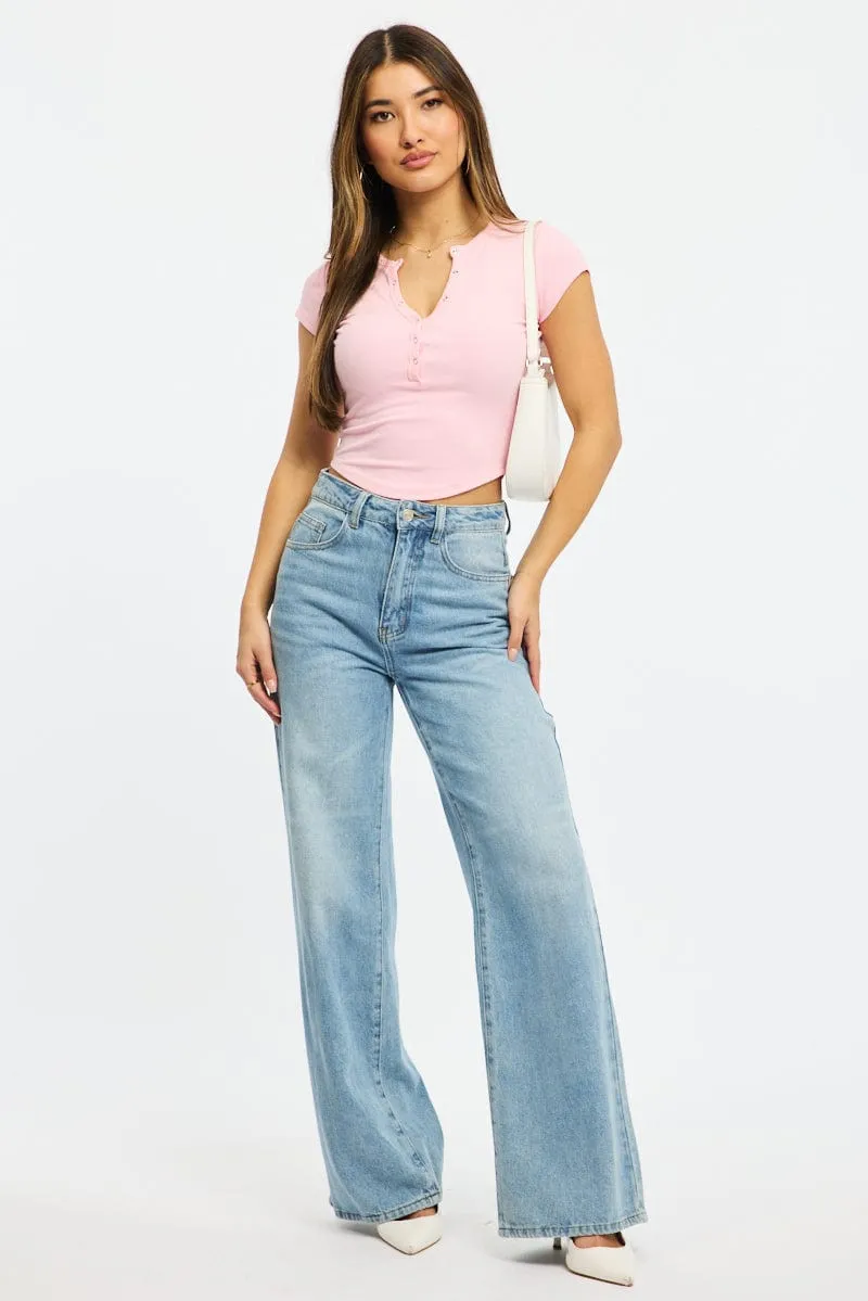 Pink T-shirt Short Sleeve Henley Neck Rib sold by Ally Fashion product image thumbnail 2