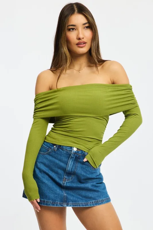 Green Off Shoulder Top Side Ruched Long Sleeve sold by Ally Fashion