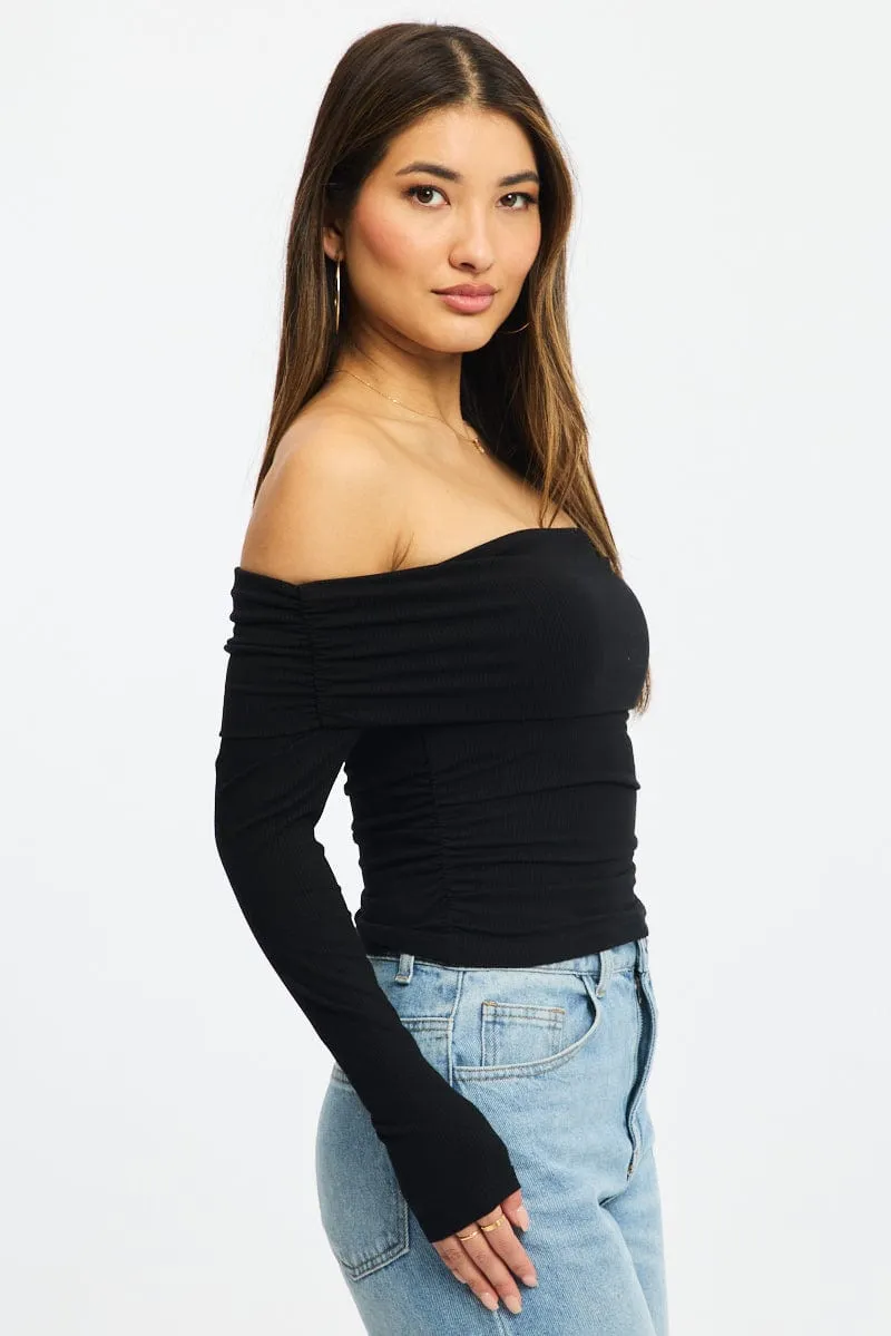 Black Off Shoulder Top Side Ruched Long Sleeve sold by Ally Fashion product image thumbnail 3