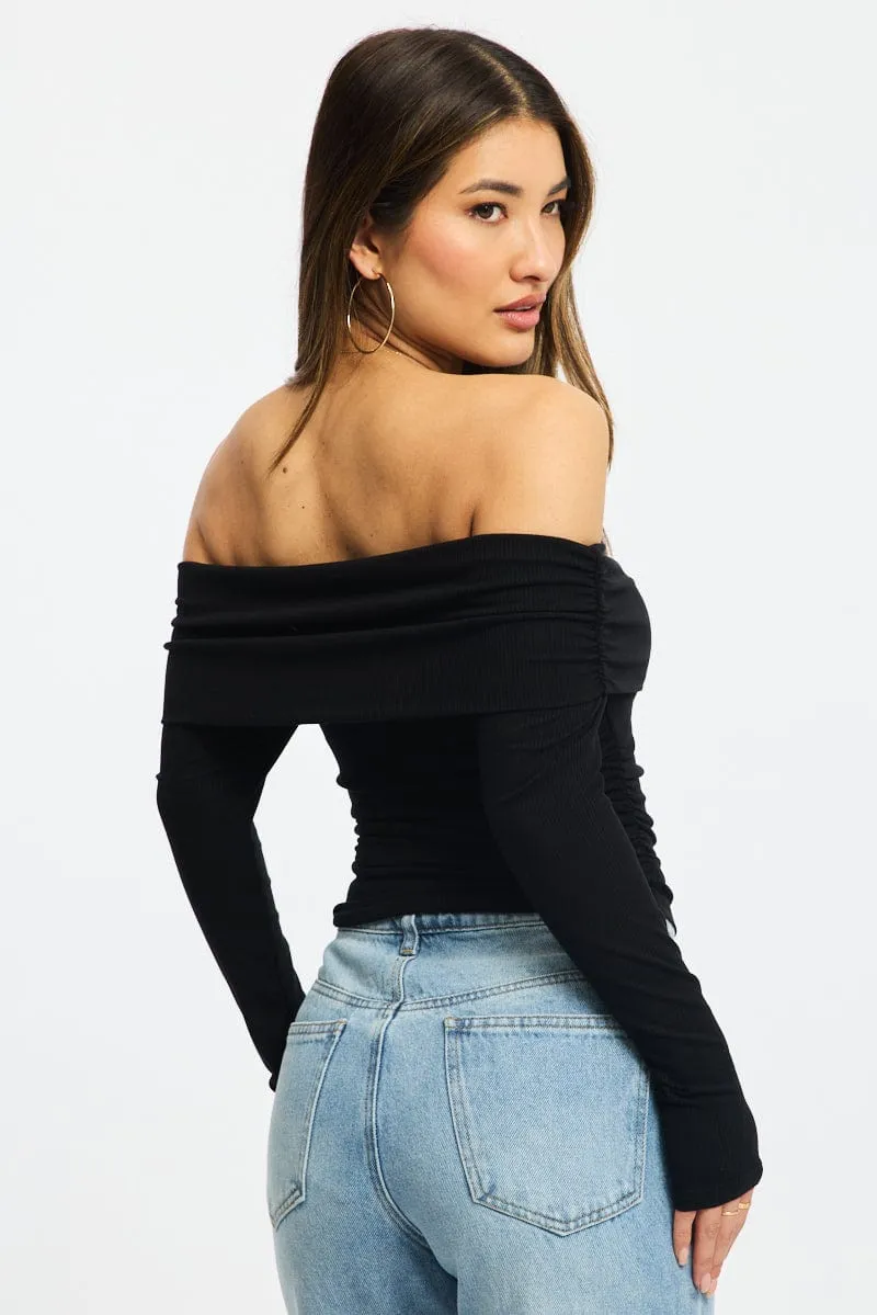 Black Off Shoulder Top Side Ruched Long Sleeve sold by Ally Fashion product image thumbnail 4