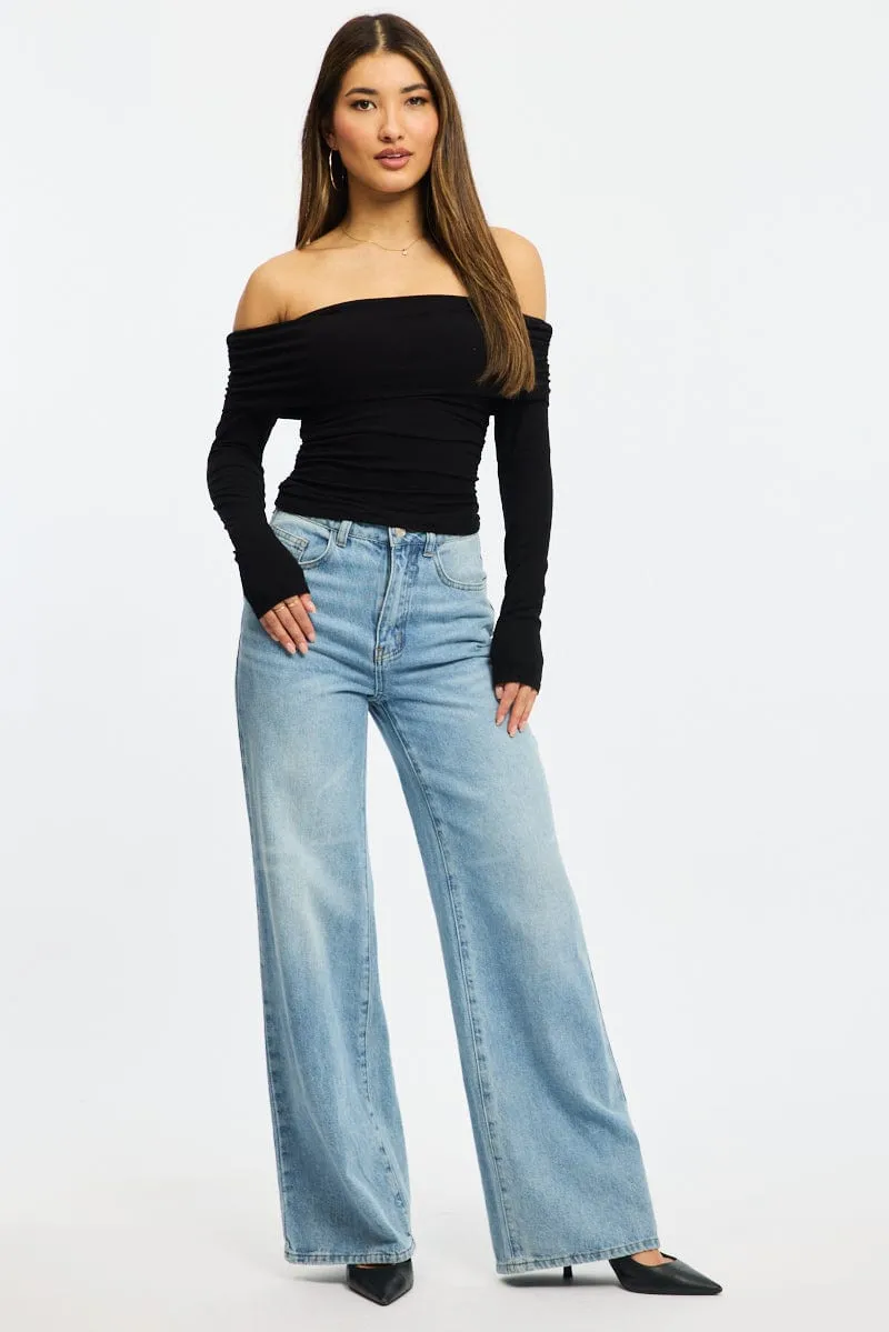 Black Off Shoulder Top Side Ruched Long Sleeve sold by Ally Fashion product image thumbnail 2