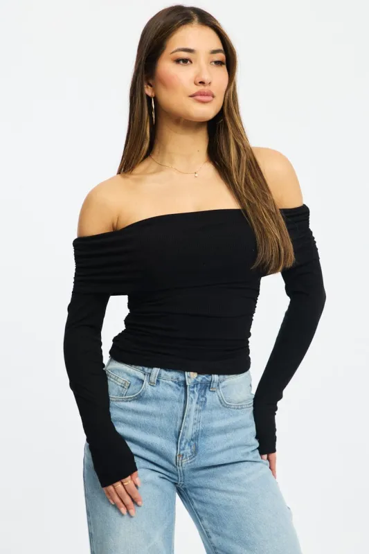 Black Off Shoulder Top Side Ruched Long Sleeve sold by Ally Fashion