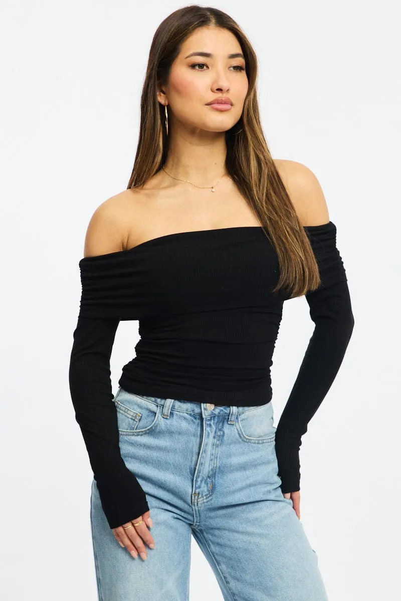 Black Off Shoulder Top Side Ruched Long Sleeve sold by Ally Fashion