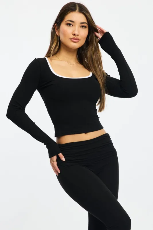 Black Binding Top Long Sleeve Rib Brushed sold by Ally Fashion
