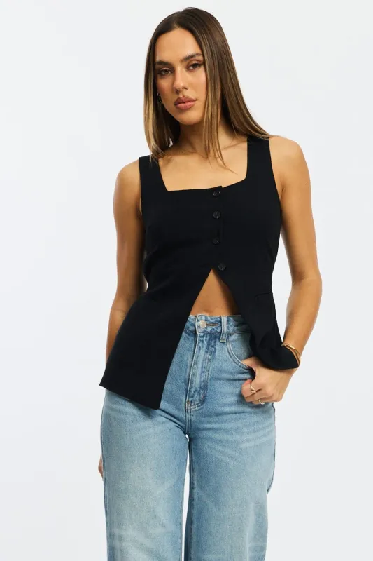 Black Vest Square Neck Button Down sold by Ally Fashion