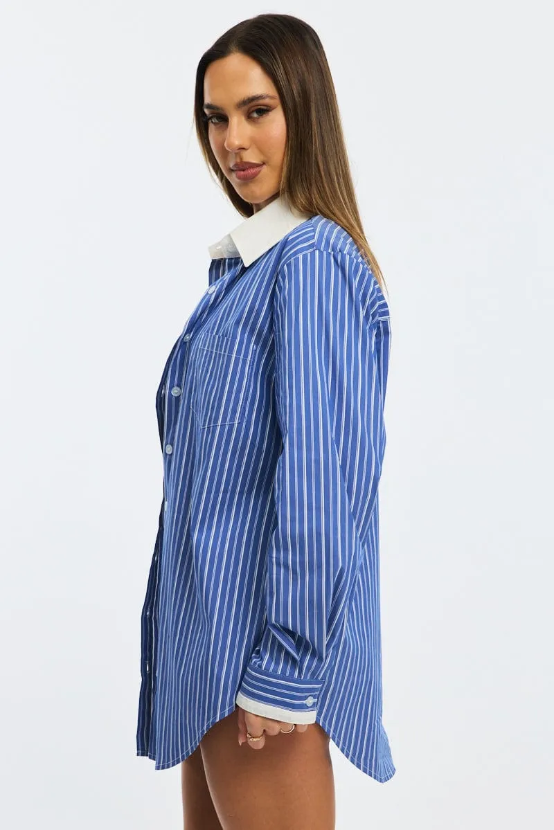 Blue Stripe Oversized Shirt Long Sleeve Collared Button Up sold by Ally Fashion product image thumbnail 4