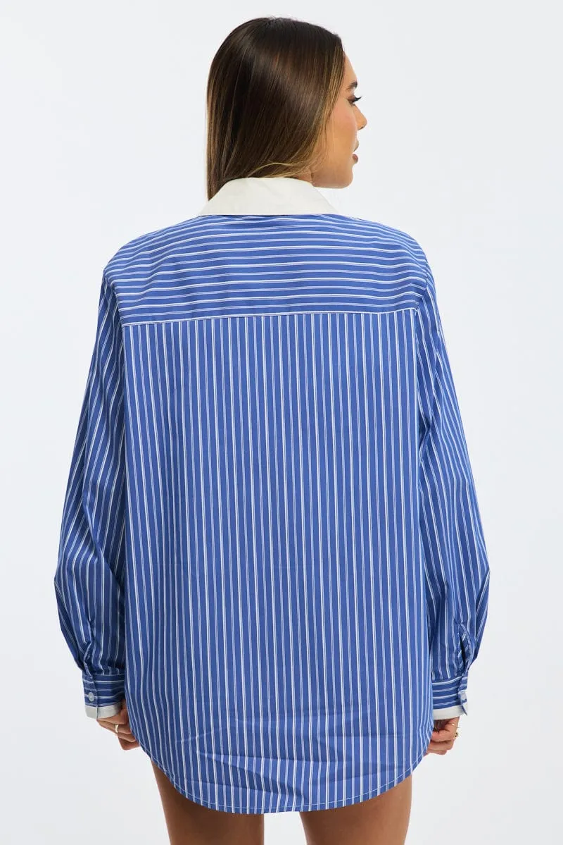 Blue Stripe Oversized Shirt Long Sleeve Collared Button Up sold by Ally Fashion product image thumbnail 5