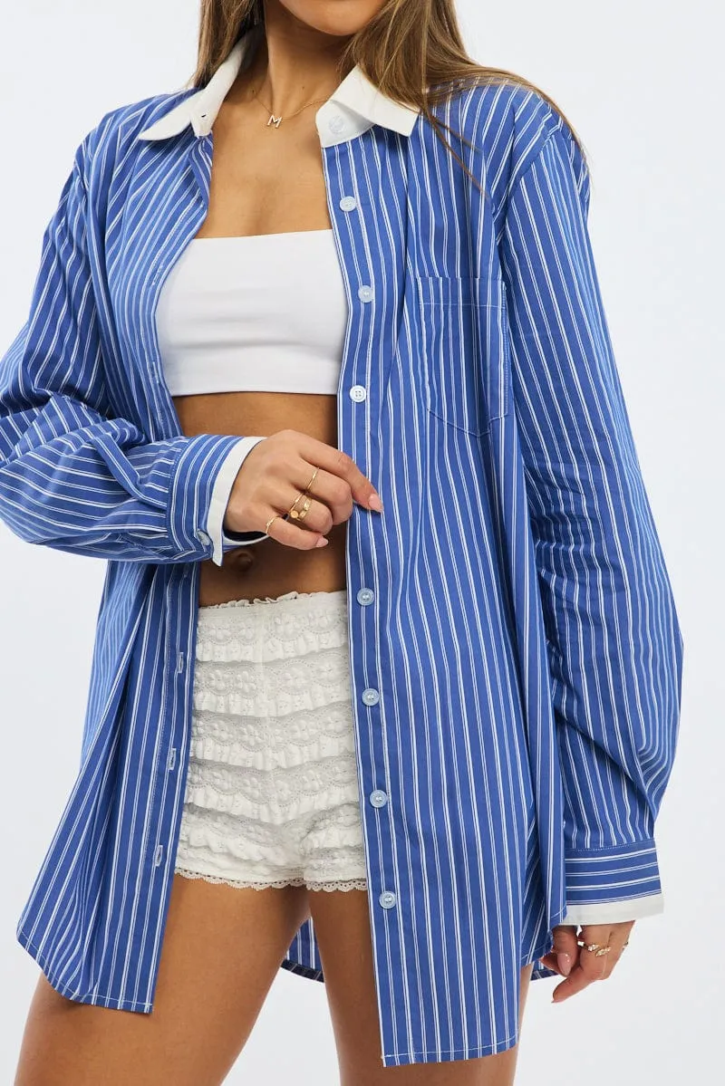Blue Stripe Oversized Shirt Long Sleeve Collared Button Up sold by Ally Fashion product image thumbnail 3