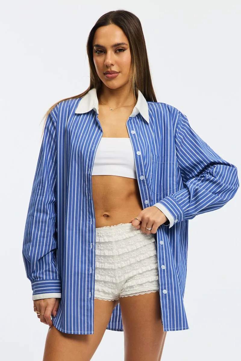 Blue Stripe Oversized Shirt Long Sleeve Collared Button Up sold by Ally Fashion