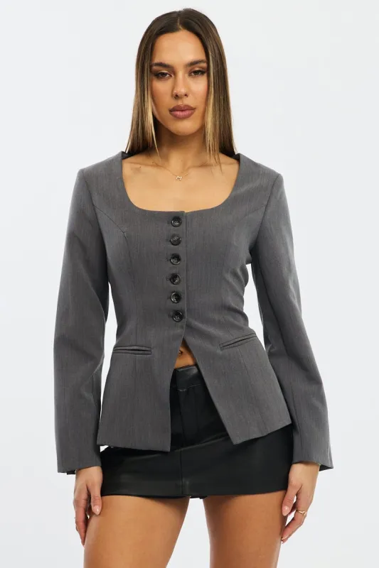 Grey Fitted Blazer Jacket sold by Ally Fashion