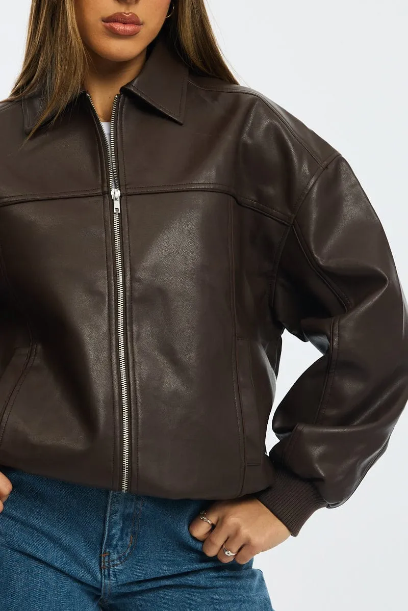 Brown Bomber Jacket Faux Leather sold by Ally Fashion product image thumbnail 5