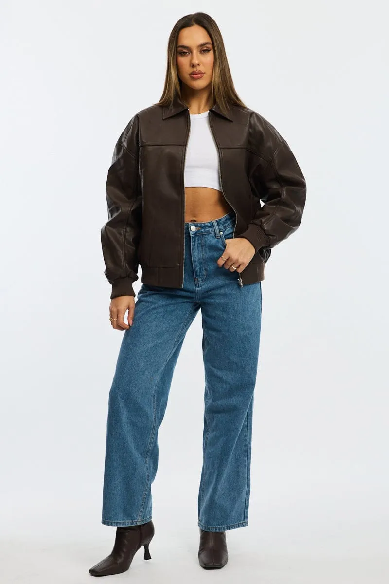 Brown Bomber Jacket Faux Leather sold by Ally Fashion product image thumbnail 2