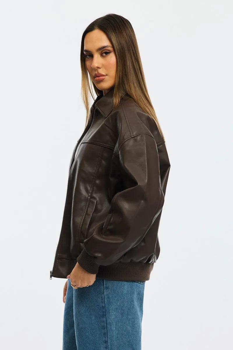 Brown Bomber Jacket Faux Leather sold by Ally Fashion product image thumbnail 3