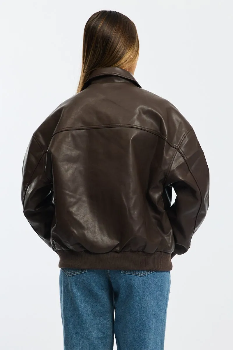 Brown Bomber Jacket Faux Leather sold by Ally Fashion product image thumbnail 4