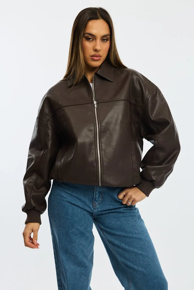 Brown Bomber Jacket Faux Leather sold by Ally Fashion