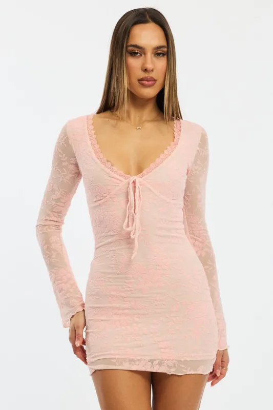 Pink Bodycon Dress Mini Long Sleeve Burnout sold by Ally Fashion
