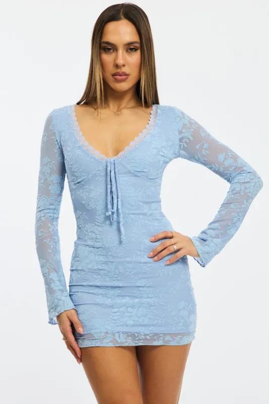 Blue Bodycon Dress Mini Long Sleeve Burnout sold by Ally Fashion