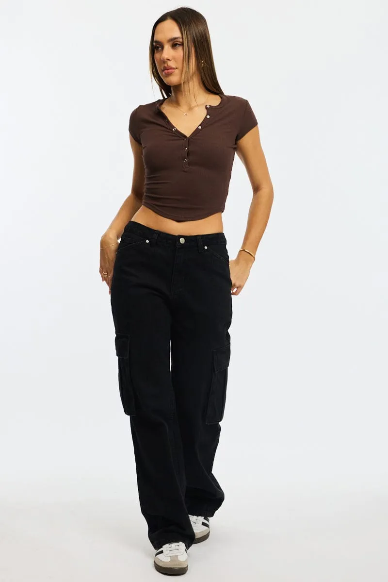 Brown T-shirt Short Sleeve Henley Neck Rib sold by Ally Fashion product image thumbnail 2