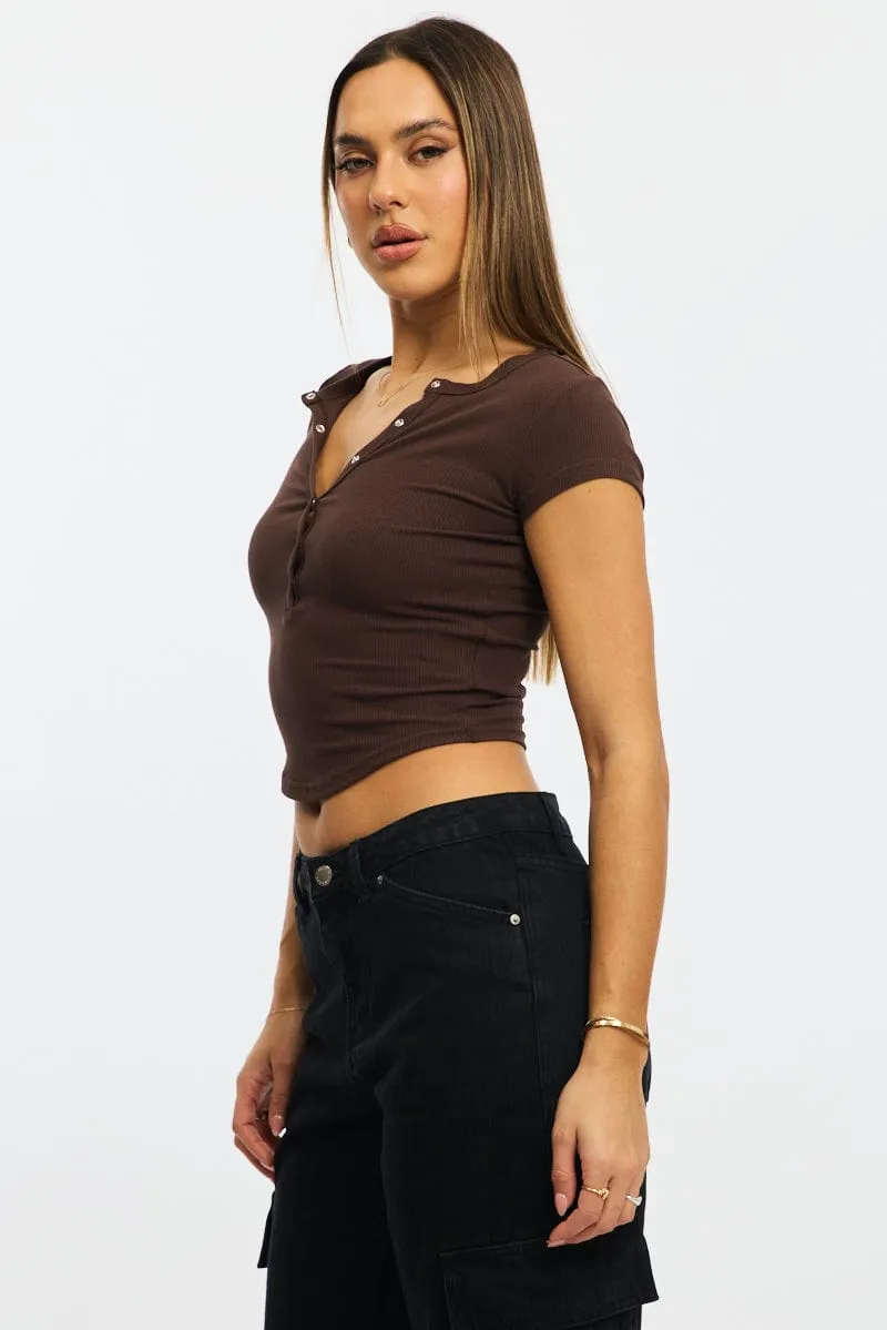 Brown T-shirt Short Sleeve Henley Neck Rib sold by Ally Fashion product image thumbnail 3