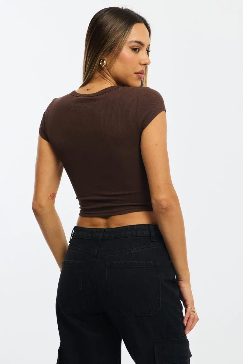 Brown T-shirt Short Sleeve Henley Neck Rib sold by Ally Fashion product image thumbnail 4