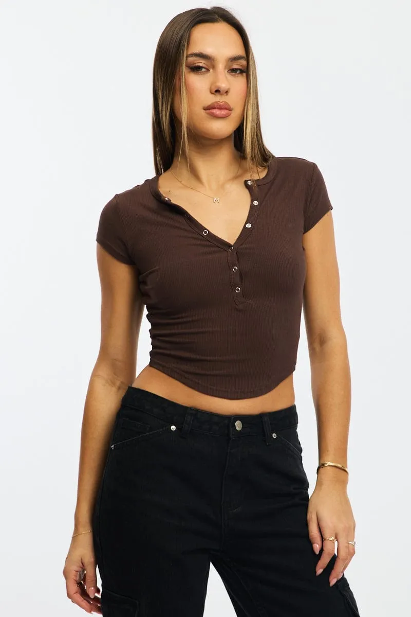 Brown T-shirt Short Sleeve Henley Neck Rib sold by Ally Fashion