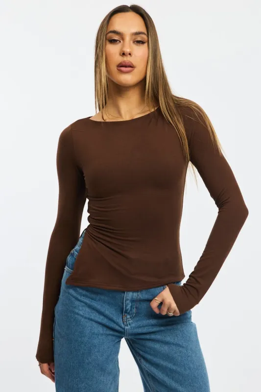 Brown Top Long Sleeve Boat Neck Side Split sold by Ally Fashion