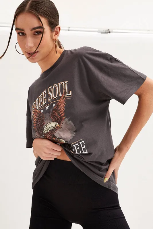 Grey Eagle Graphic T Shirt Short Sleeve Crew Neck sold by Ally Fashion
