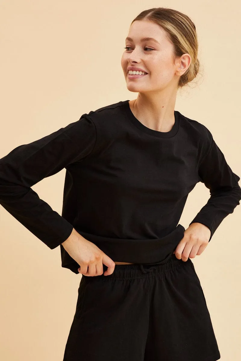 Black Long Sleeve T-Shirt Crew Neck Cotton Regular Fit sold by Ally Fashion product image thumbnail 3