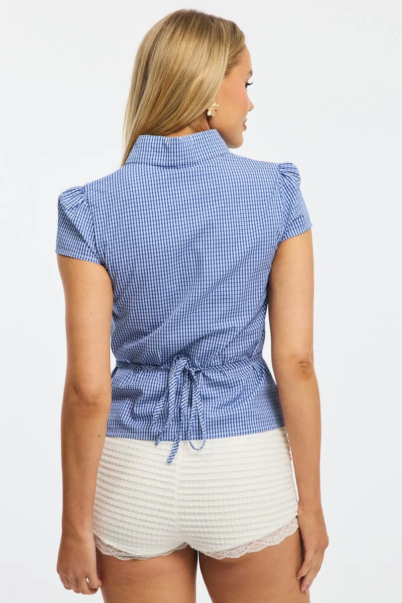 Blue Check Button Up Shirt Short Sleeve Collared Tie Back sold by Ally Fashion product image thumbnail 4