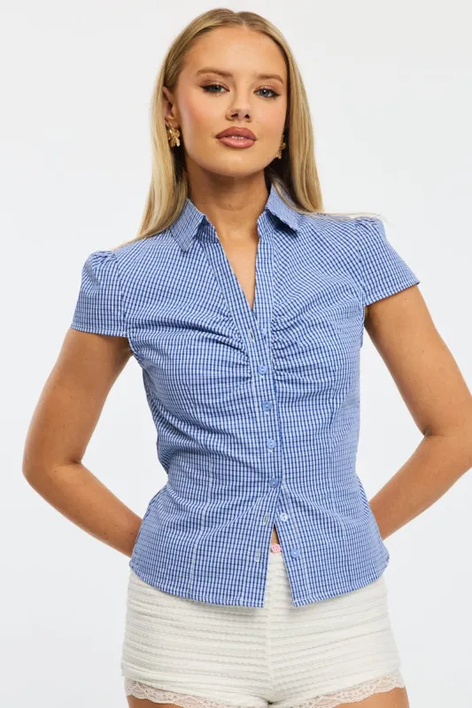 Blue Check Button Up Shirt Short Sleeve Collared Tie Back sold by Ally Fashion