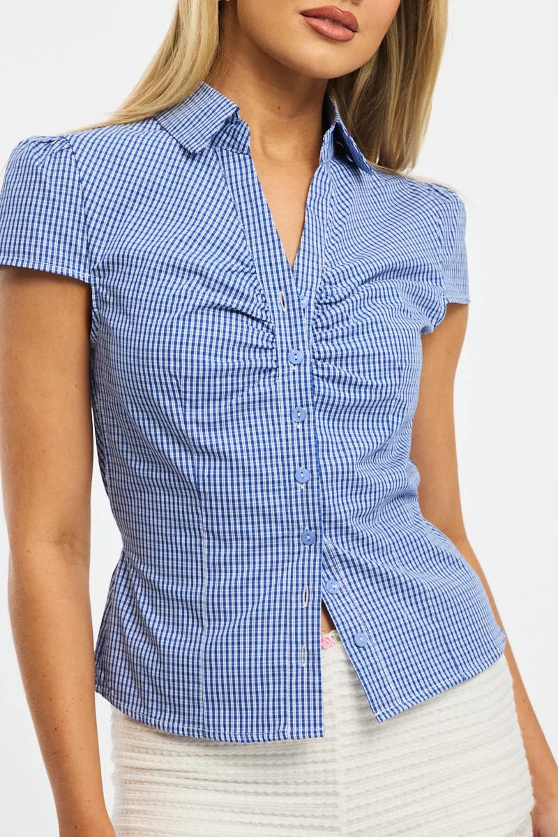 Blue Check Button Up Shirt Short Sleeve Collared Tie Back sold by Ally Fashion product image thumbnail 5