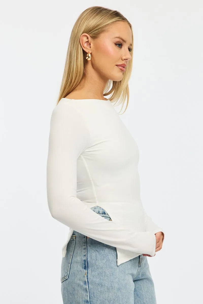 White Top Long Sleeve Boat Neck Side Split sold by Ally Fashion product image thumbnail 3