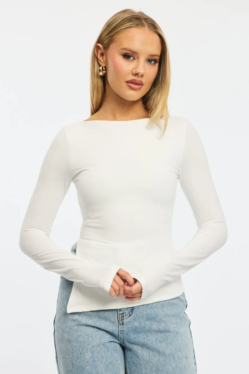 White Top Long Sleeve Boat Neck Side Split sold by Ally Fashion