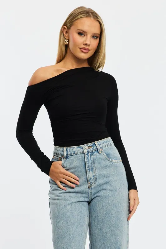 Black One Shoulder Top Long Sleeve Modal sold by Ally Fashion