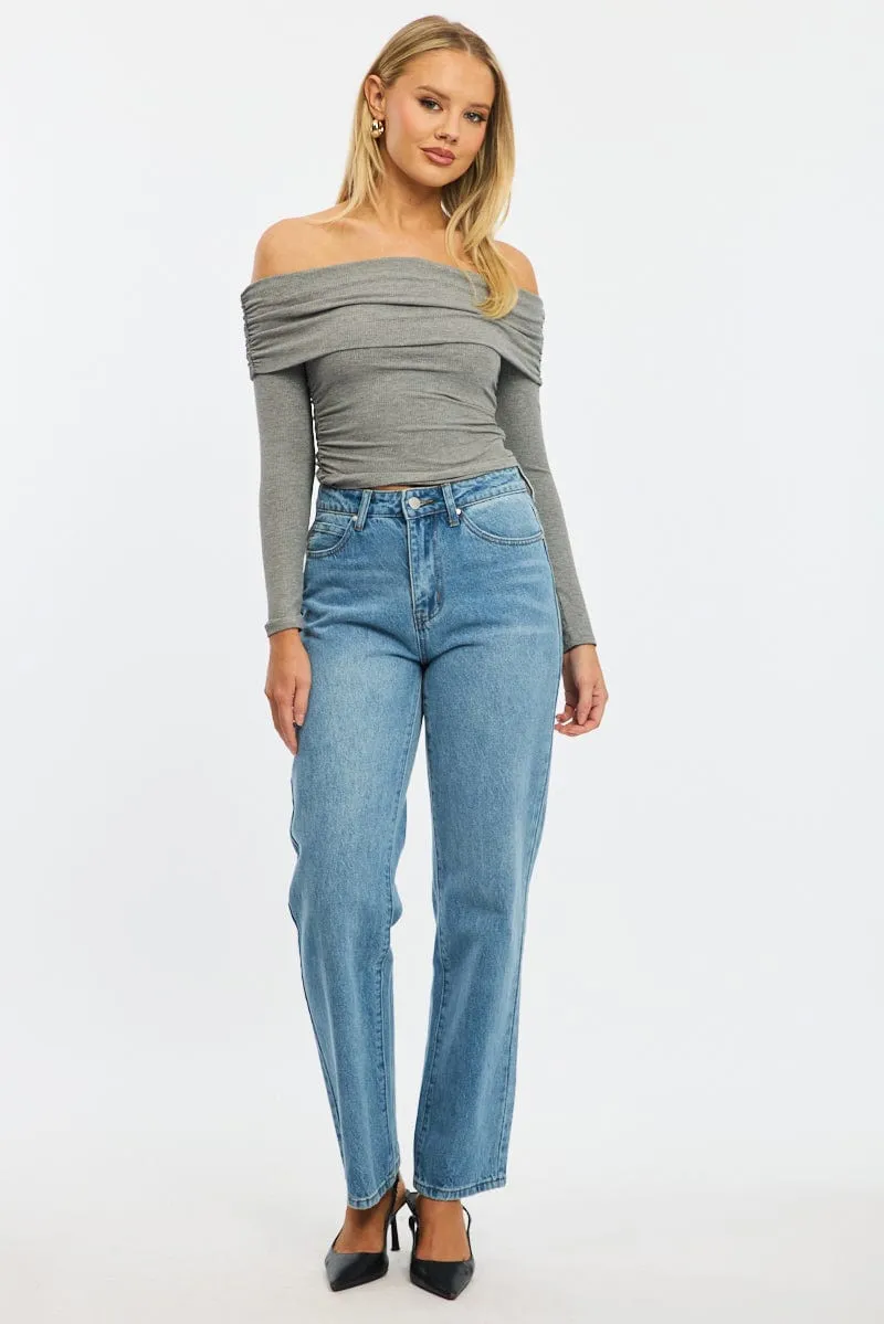 Grey Off Shoulder Top Side Ruched Long Sleeve sold by Ally Fashion product image thumbnail 2