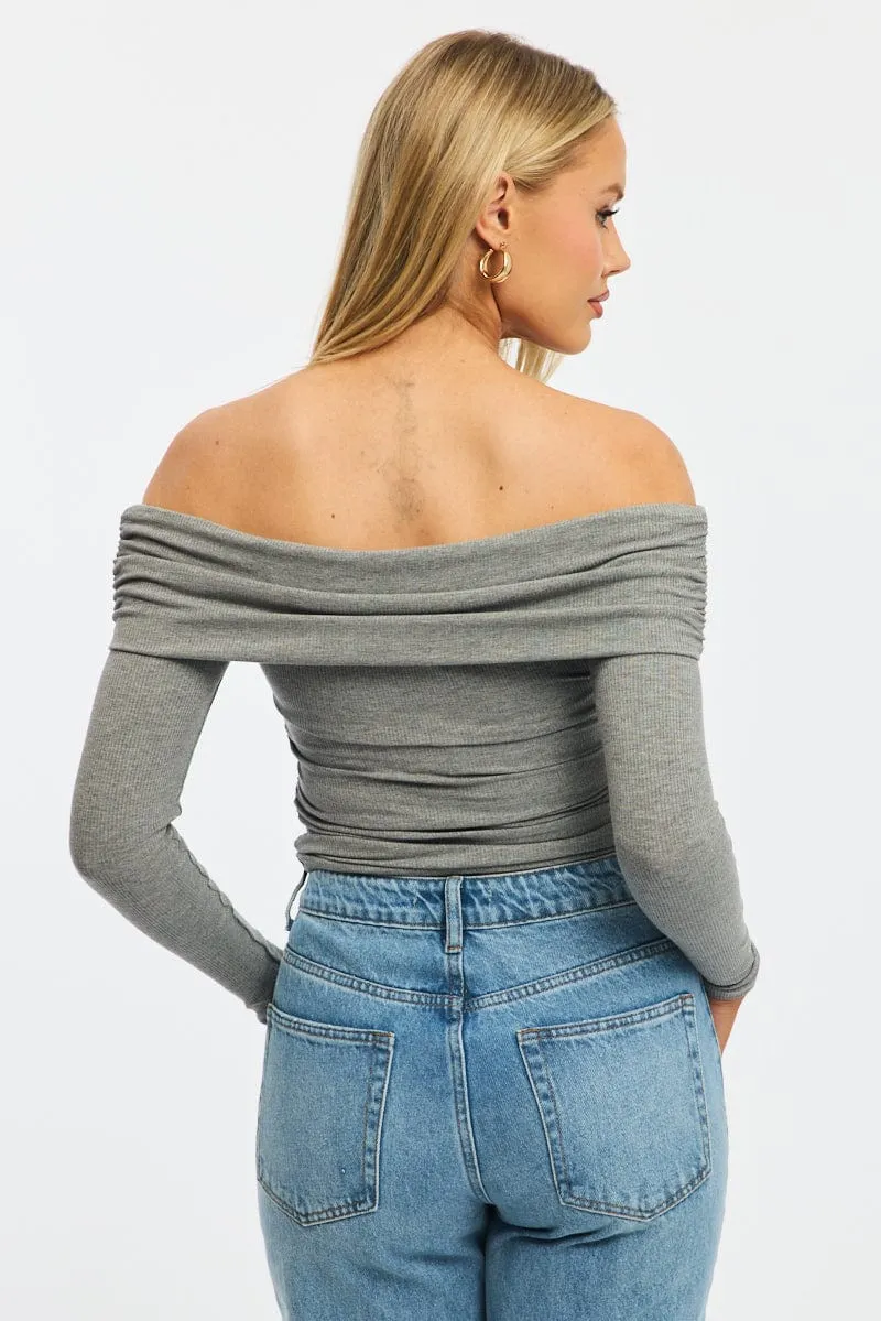Grey Off Shoulder Top Side Ruched Long Sleeve sold by Ally Fashion product image thumbnail 4