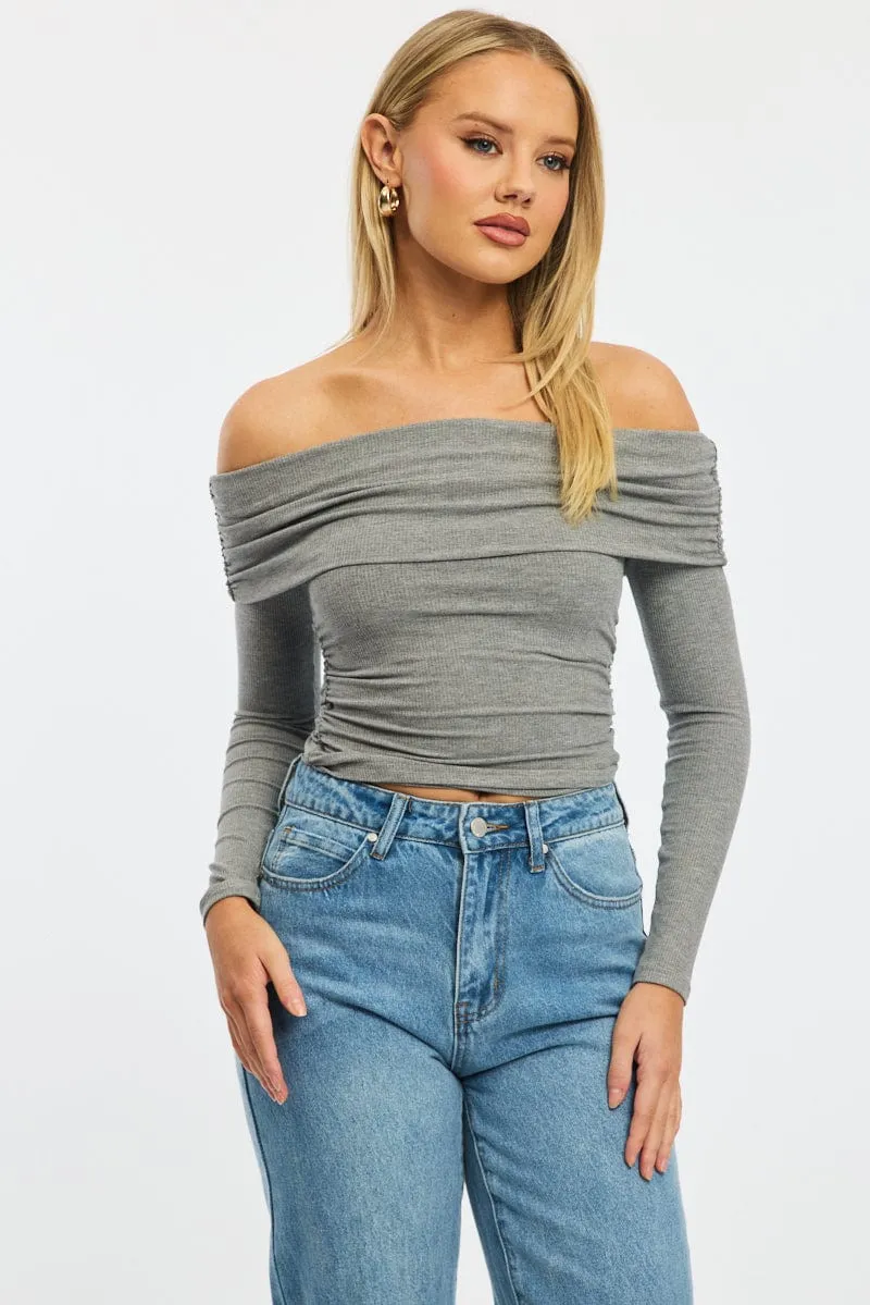 Grey Off Shoulder Top Side Ruched Long Sleeve sold by Ally Fashion